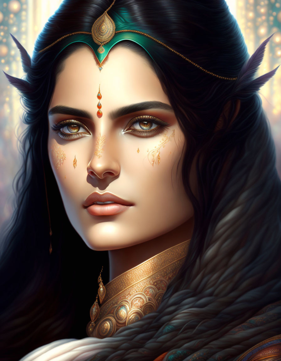 Fantasy portrait of woman with elven ears and elegant jewelry