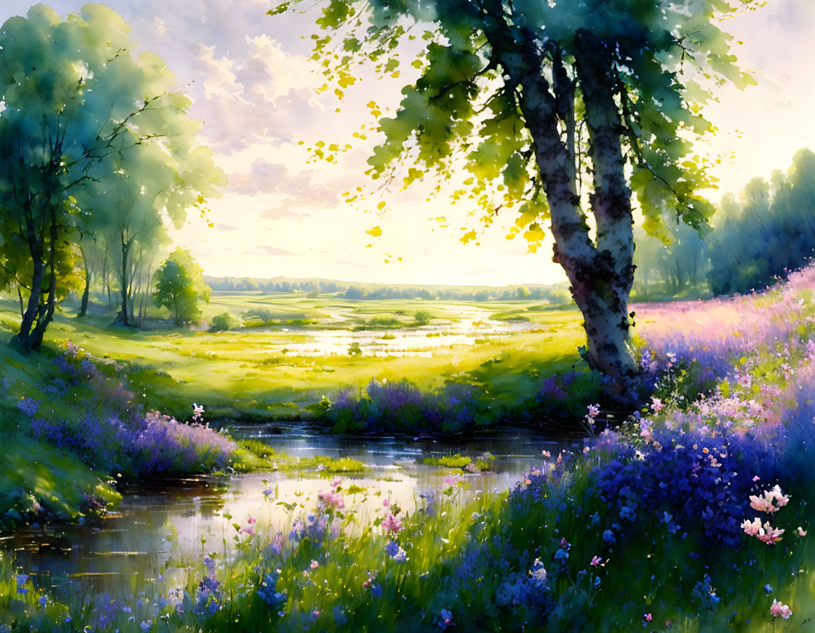 Serene river landscape with purple flowers and large tree