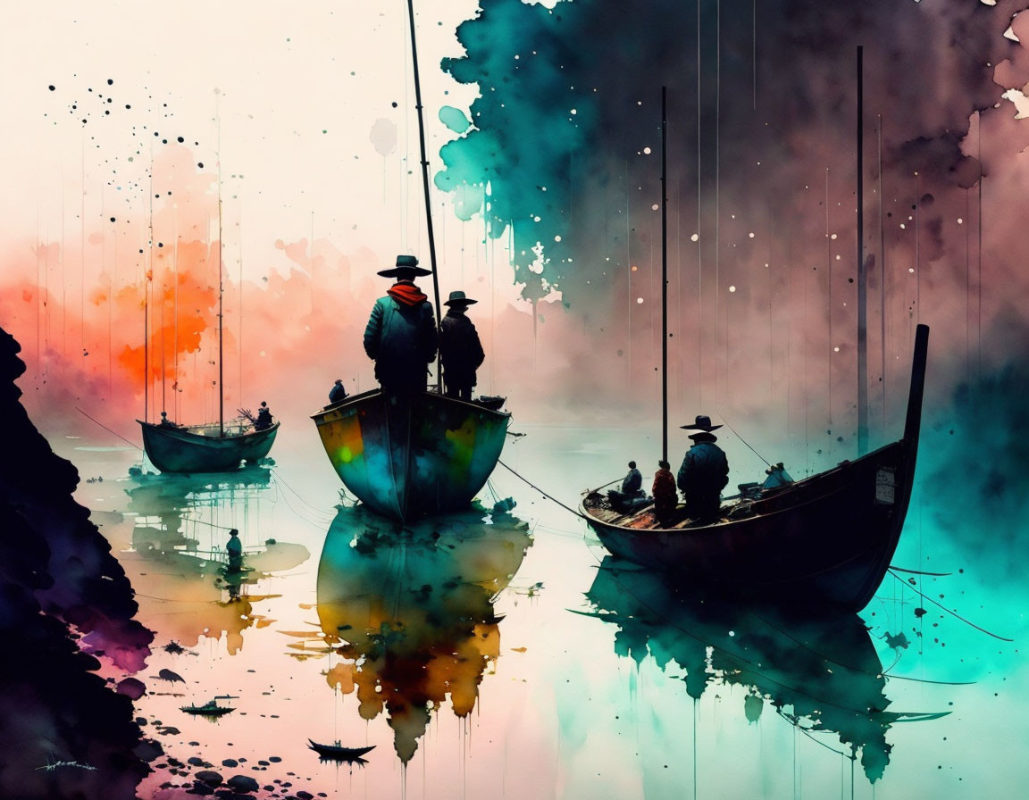 Fishermen on boats in colorful watercolor scene with dripping paint effects