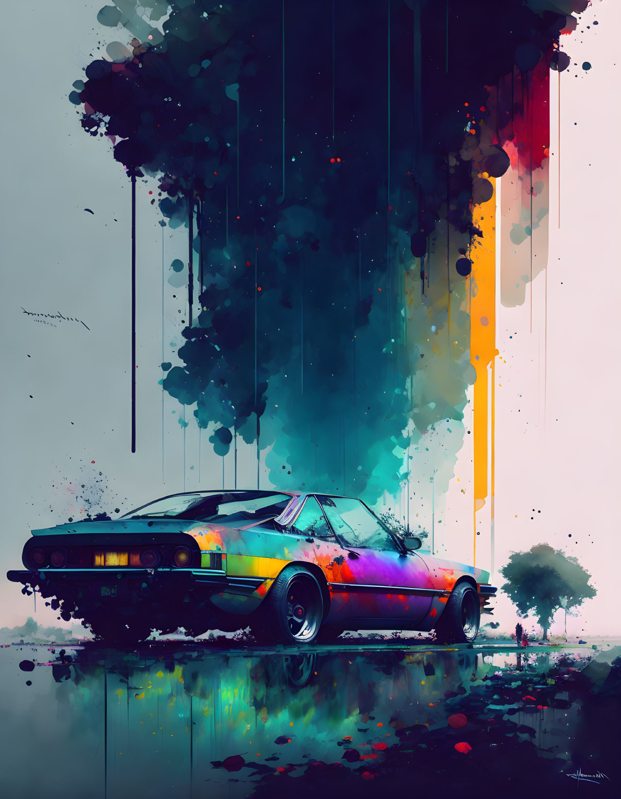 Colorful classic car art with dripping rainbow paint, tree, and reflective surface.