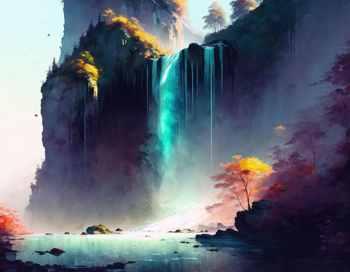 Digital art: Majestic waterfall cascading into tranquil pool surrounded by lush foliage