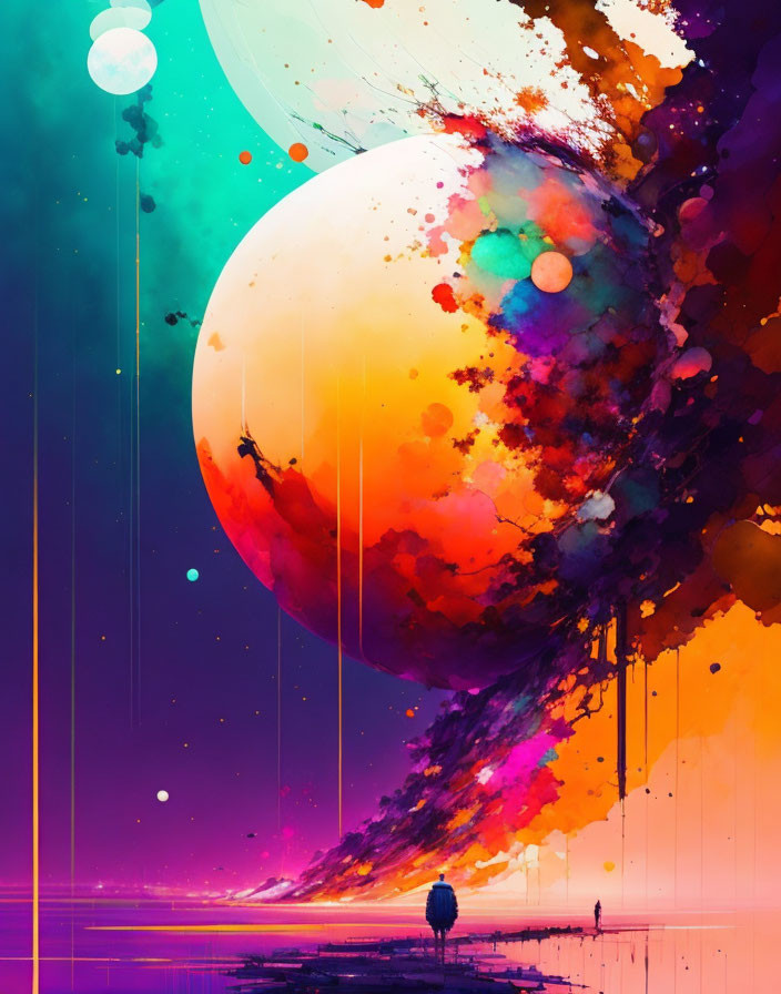 Colorful cosmic explosion with planets and silhouetted figure.