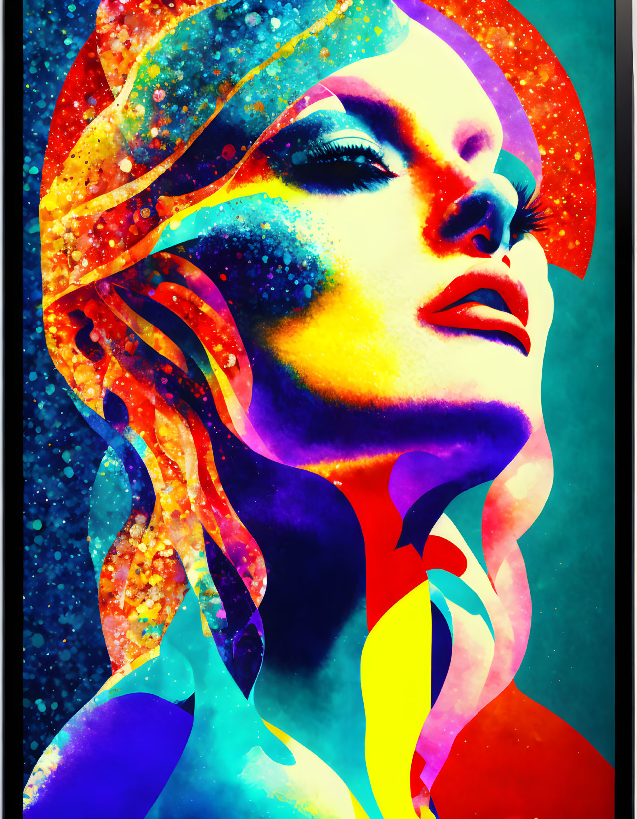 Colorful abstract portrait of a woman with cosmic patterns and textures.