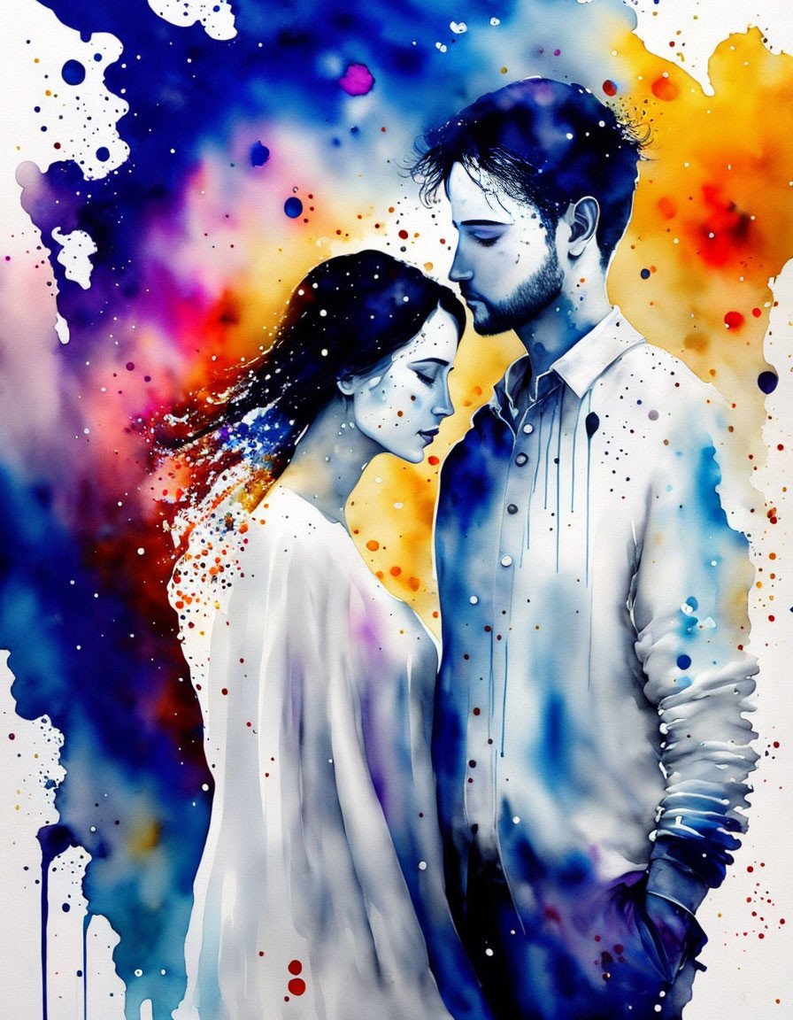 Man and woman embracing in colorful abstract digital art