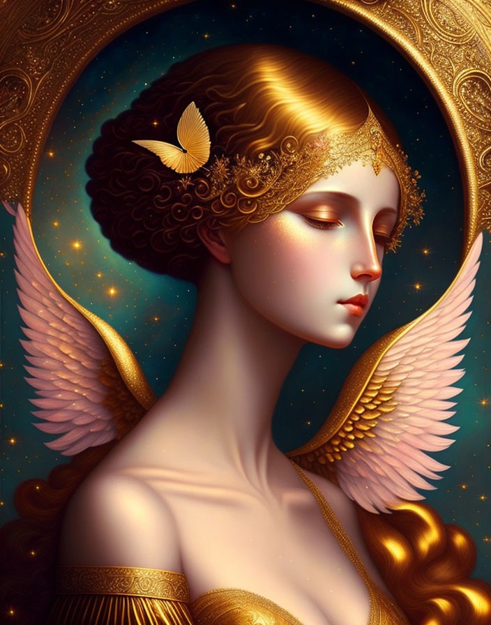 Ethereal woman with golden hair, ornate headpiece, feathered wings, starry backdrop