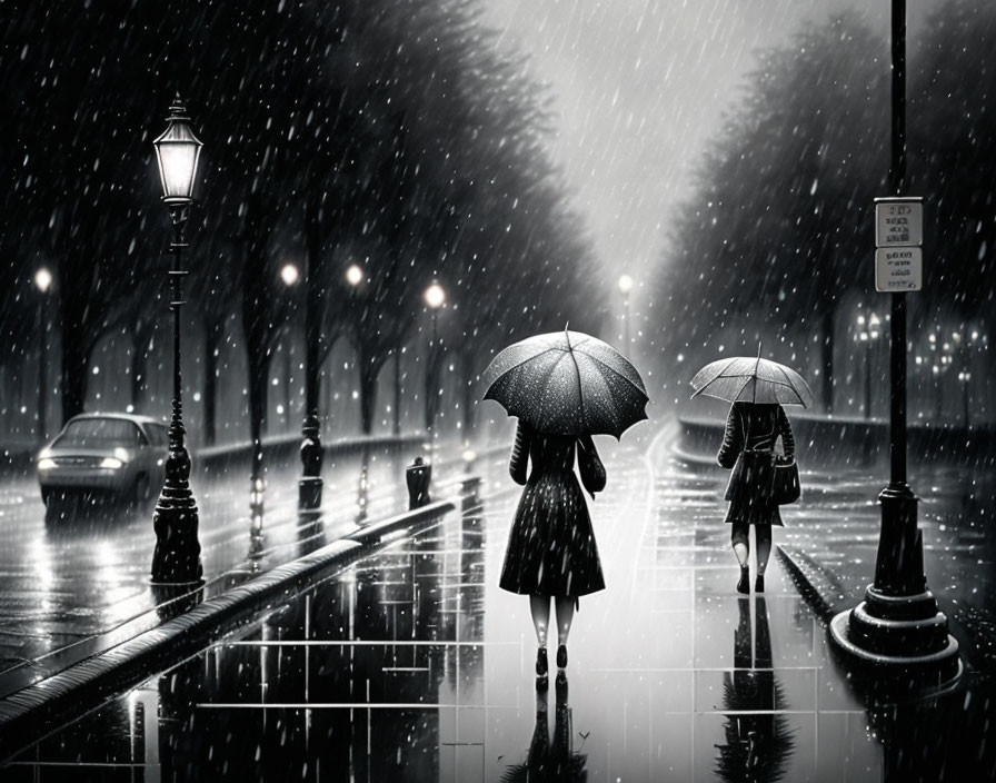 Night scene with two individuals walking under umbrellas in the rain