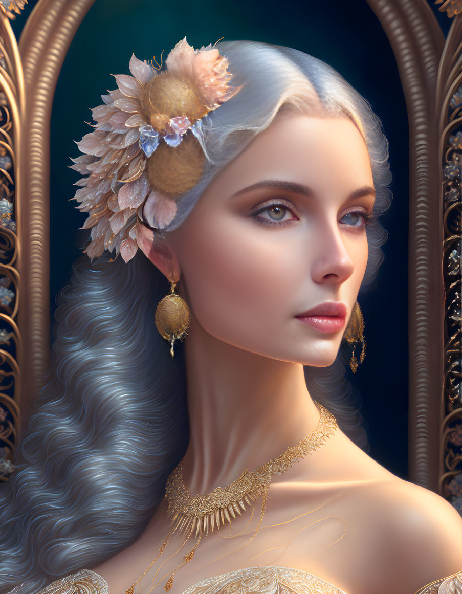 Digital portrait: Woman with silver hair, blue eyes, gold headpiece, earrings in ornate frame