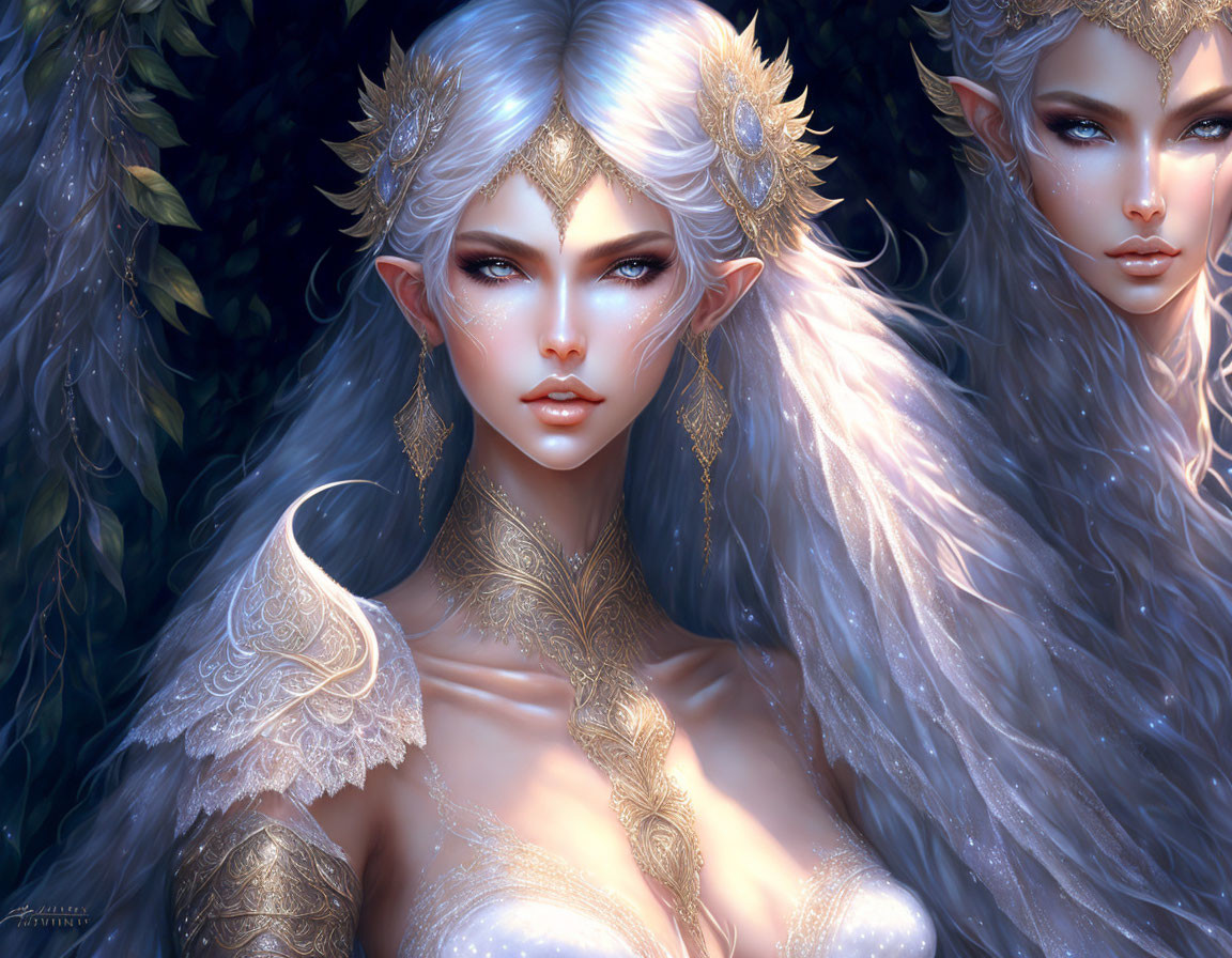 Ethereal elven characters in ornate golden armor against dark foliage.