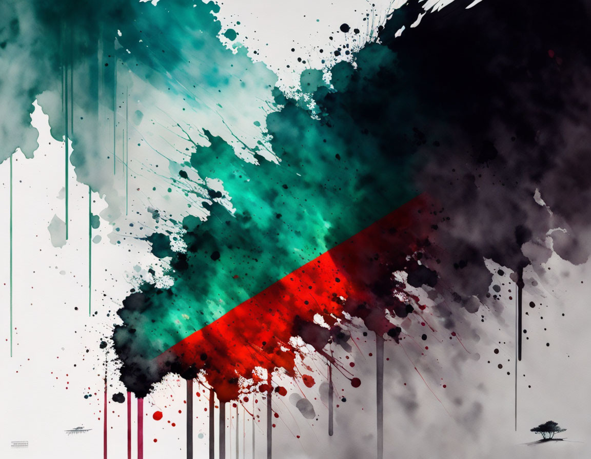 Abstract art with black, green, red, and teal paint splatters on light background