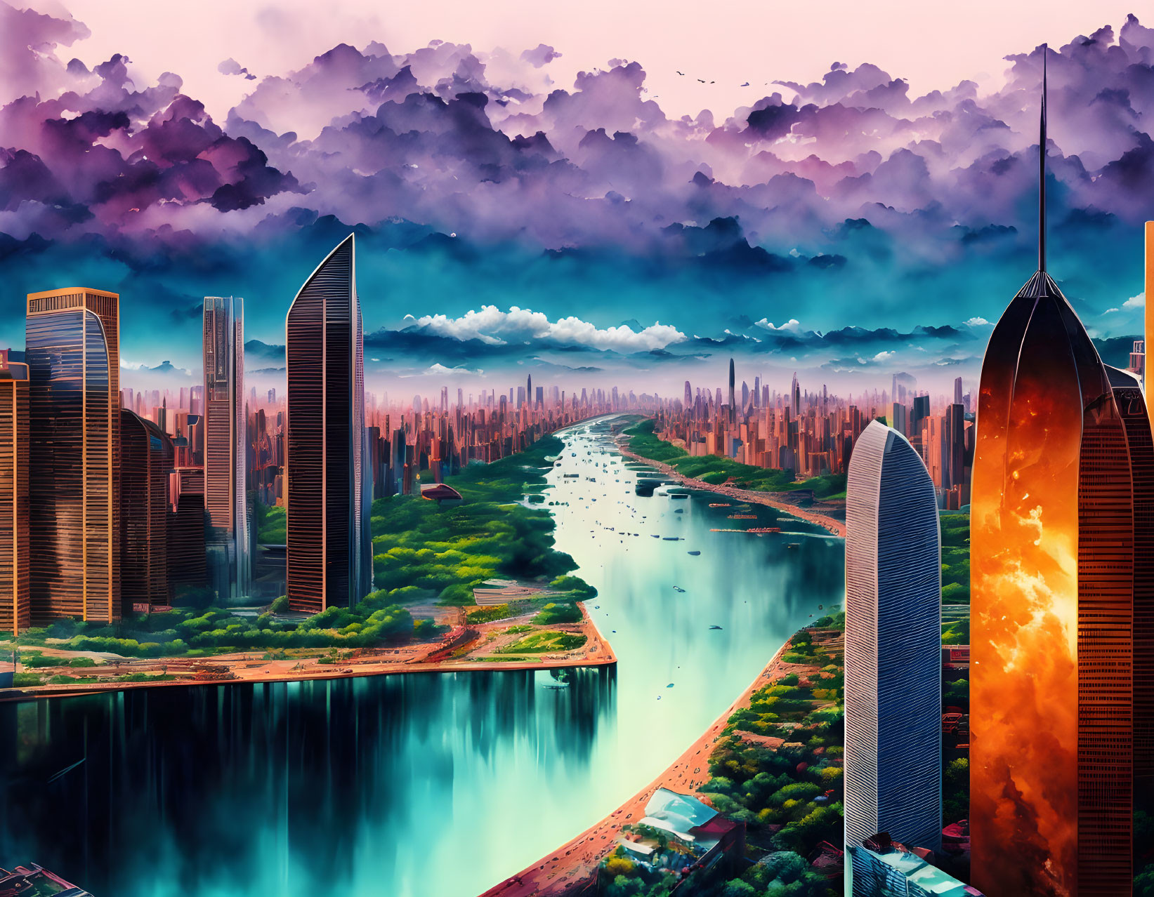 Futuristic cityscape with skyscrapers by a river under dramatic sky