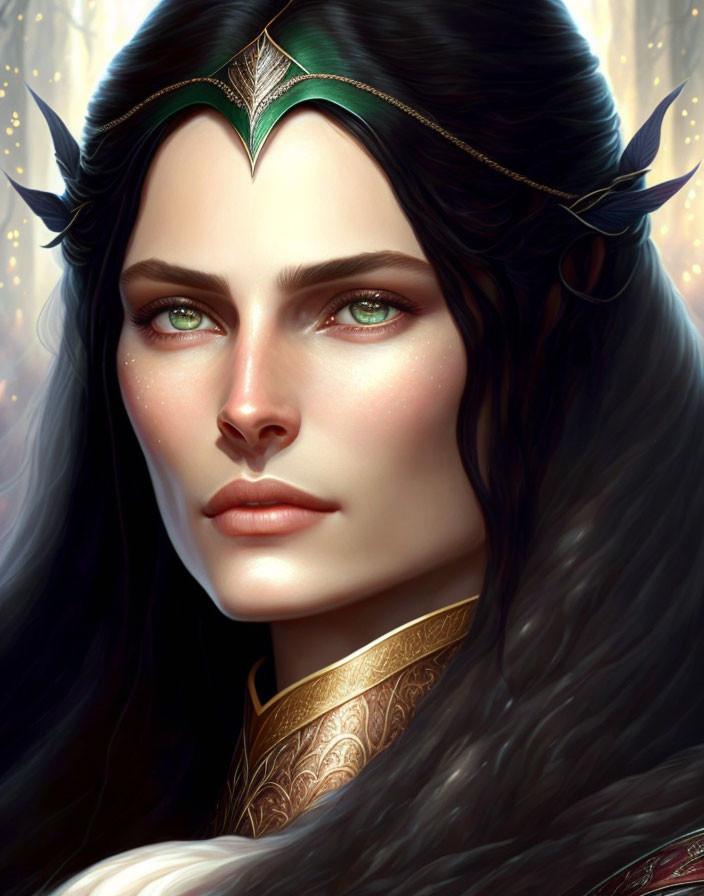 Fantasy Elf Woman Portrait with Dark Hair and Green Eyes