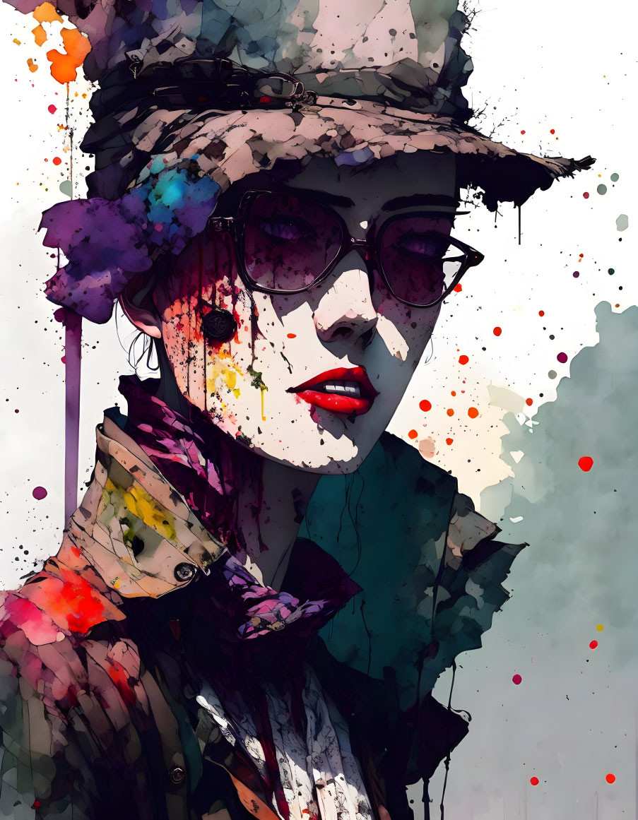 Vibrant watercolor portrait of woman in hat and sunglasses