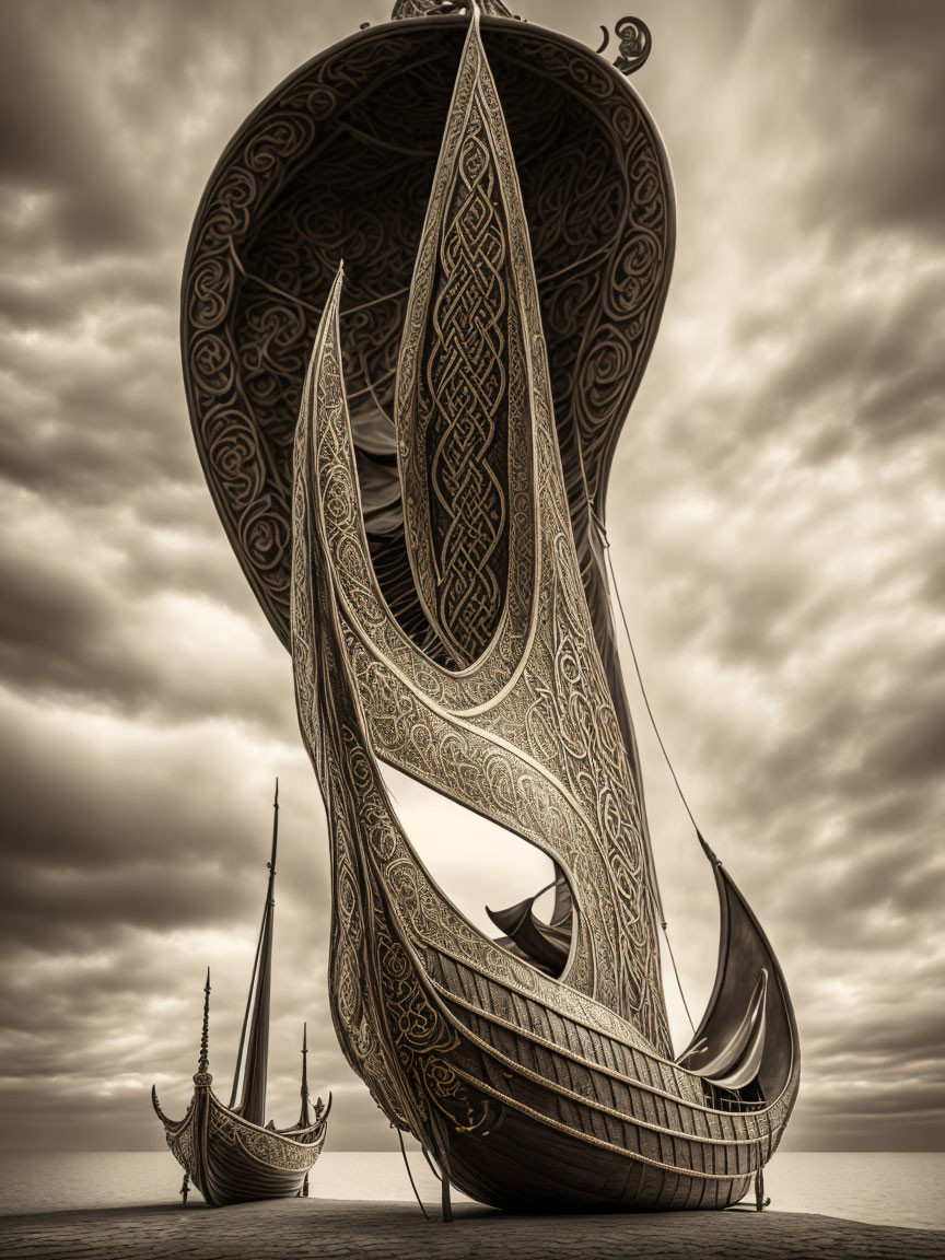 Surreal image of ornately patterned ships against cloudy sky