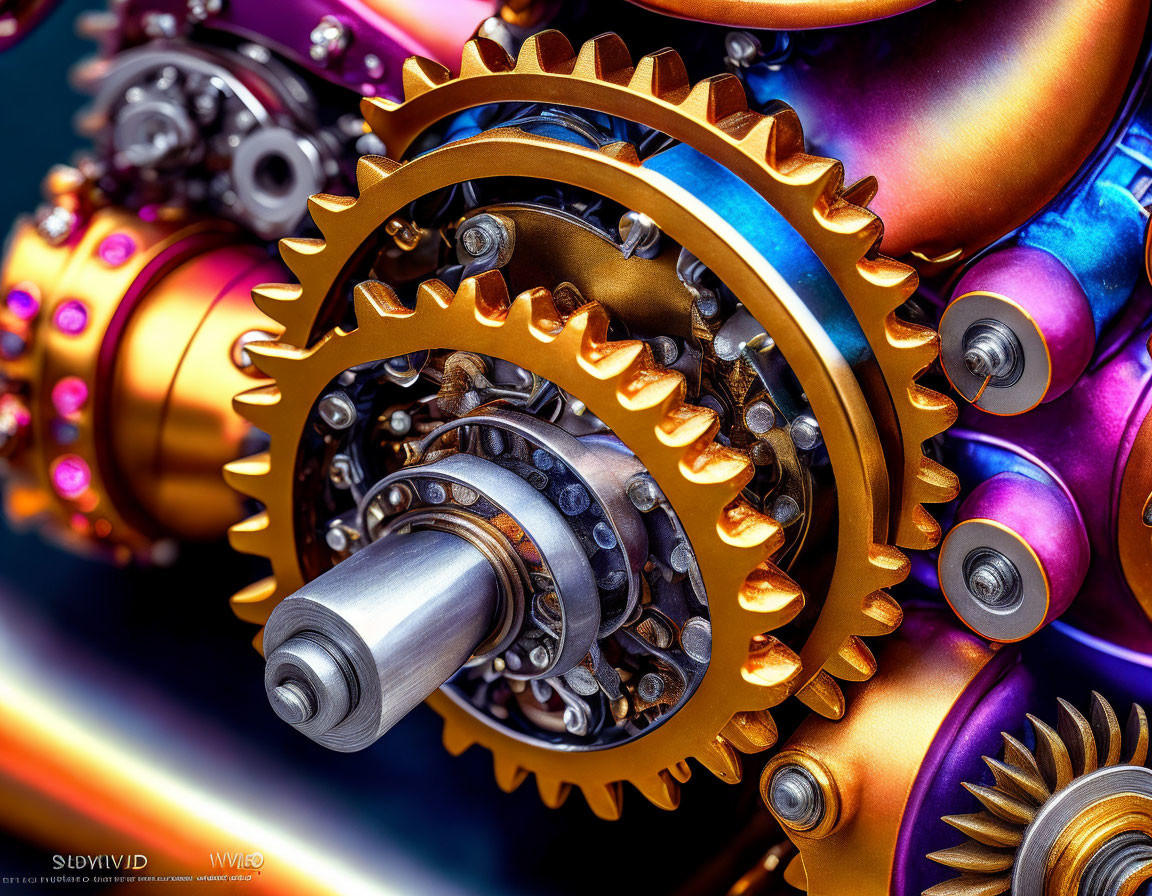 Detailed Close-Up of Metallic Gears and Cogs in Gold, Blue, and Purple Hues