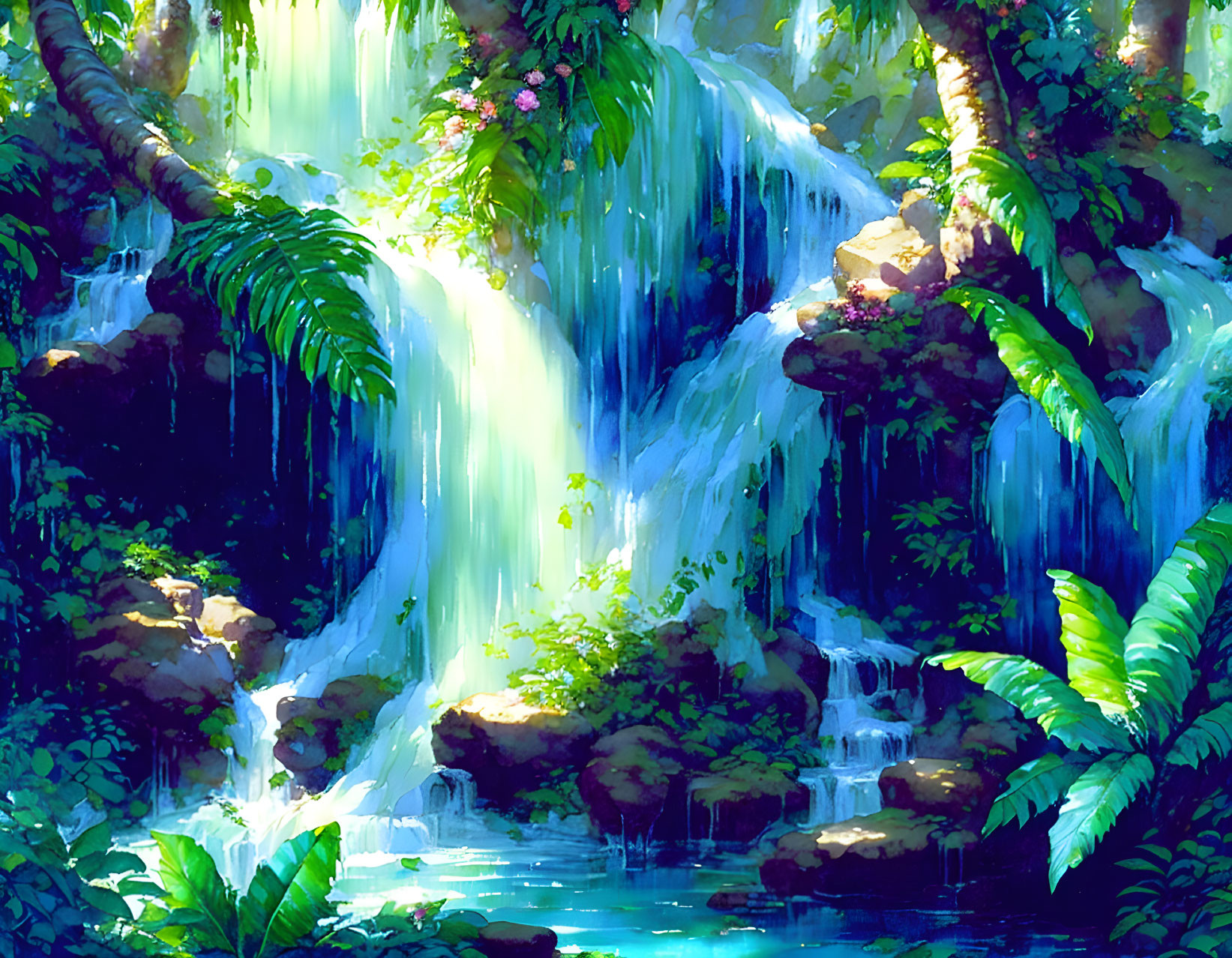 Lush Tropical Waterfall with Blooming Flowers