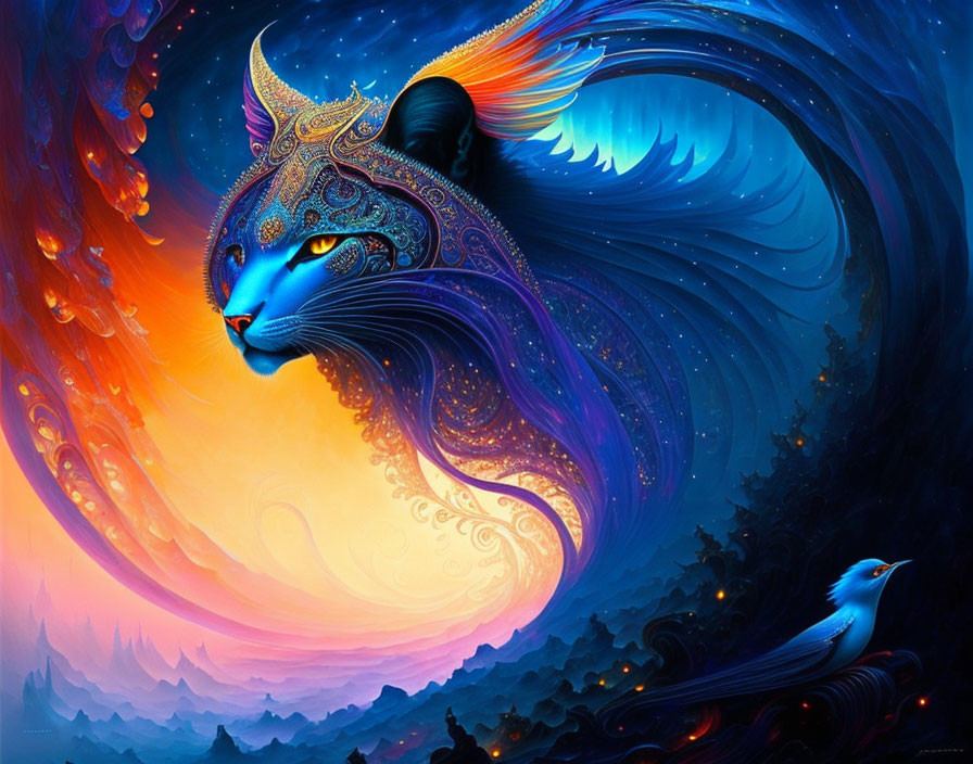 Colorful digital artwork: Mystical blue cat with ornate patterns on orange and teal celestial backdrop