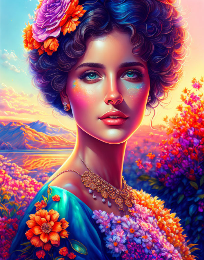 Colorful illustration: Woman with blue eyes, curly hair, floral dress, makeup, and sunset backdrop