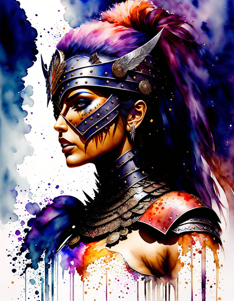 Colorful illustration of woman in warrior headdress against cosmic backdrop