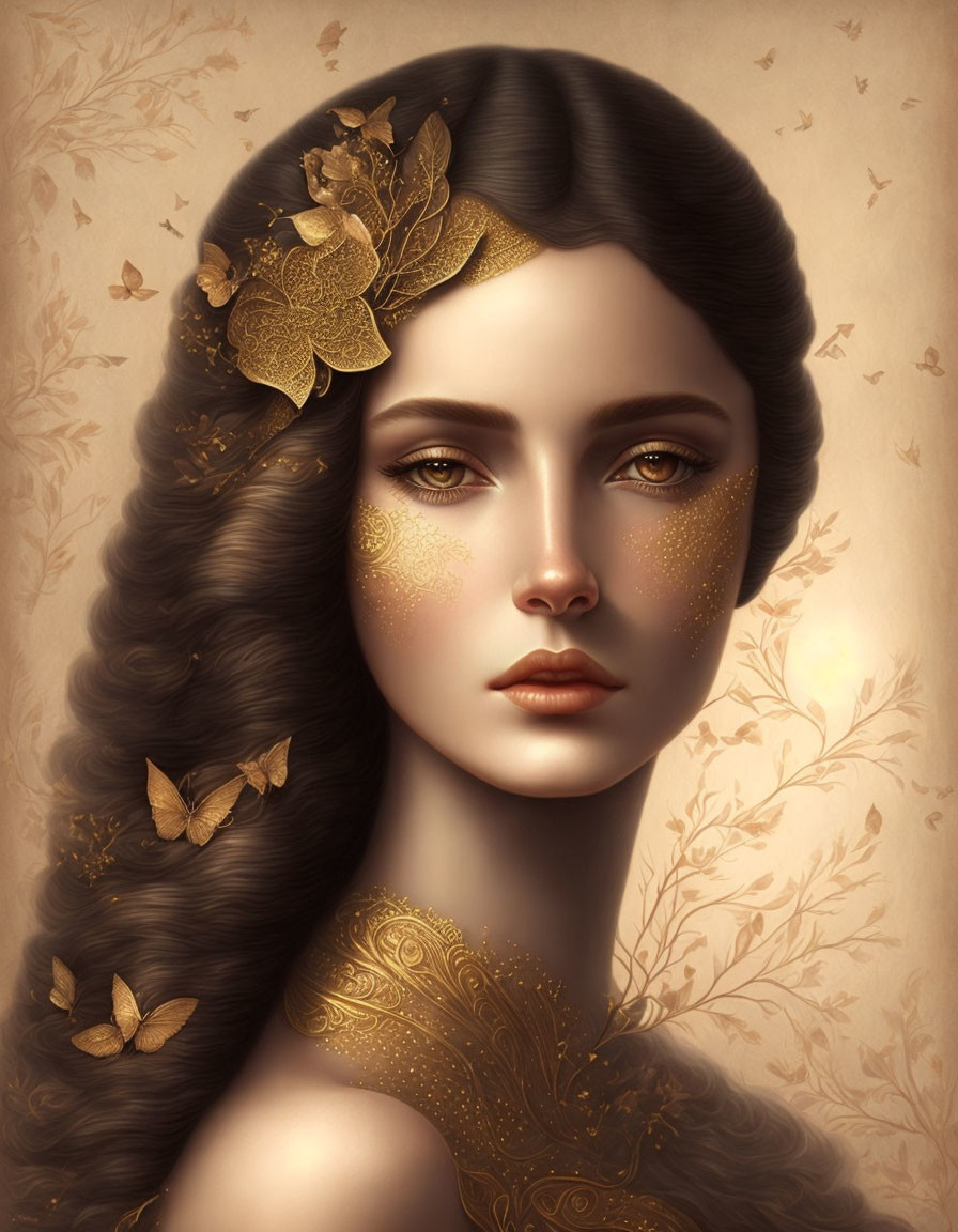 Illustration of Woman with Long Dark Hair and Golden Leaf Accessories surrounded by Sepia-Toned Ambiance