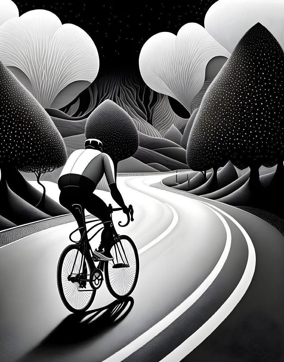 Cyclist on winding road in black-and-white landscape