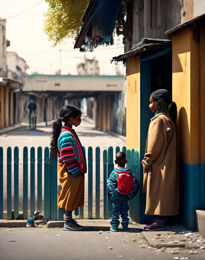 Children with backpacks and woman at blue fence near yellow building on urban street