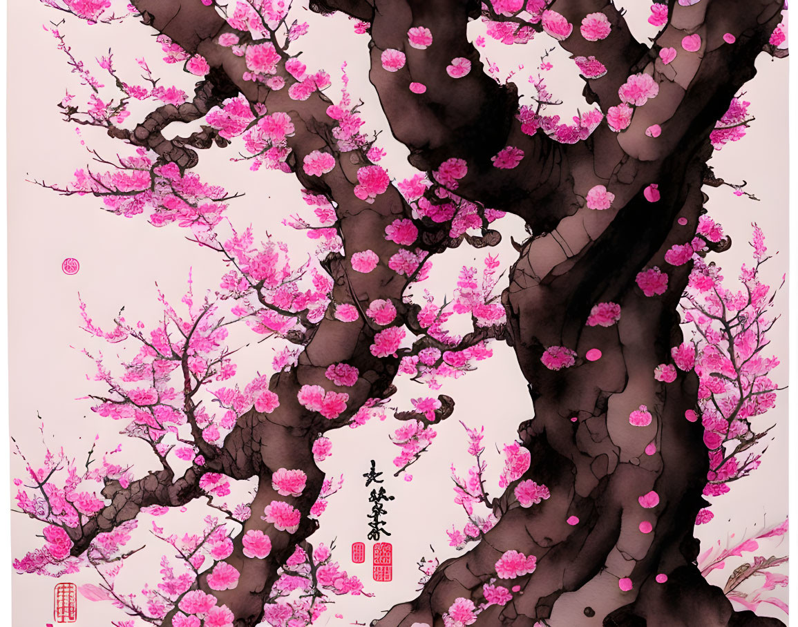 Traditional Asian Ink Painting of Cherry Blossom Trees with Calligraphy and Seals