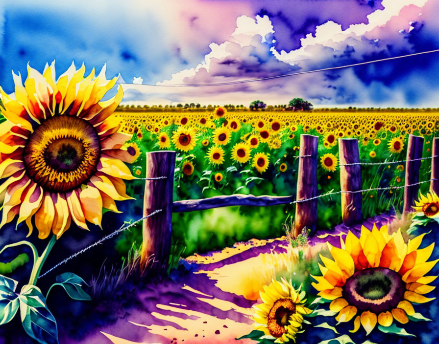 Sunflower Field Watercolor Painting with Purple Cloudy Sky