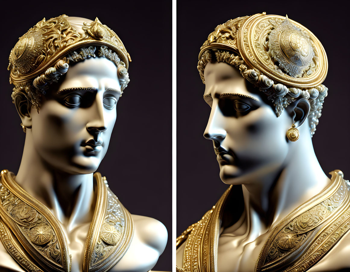 Classical bust sculpture with gold detailing on dark background