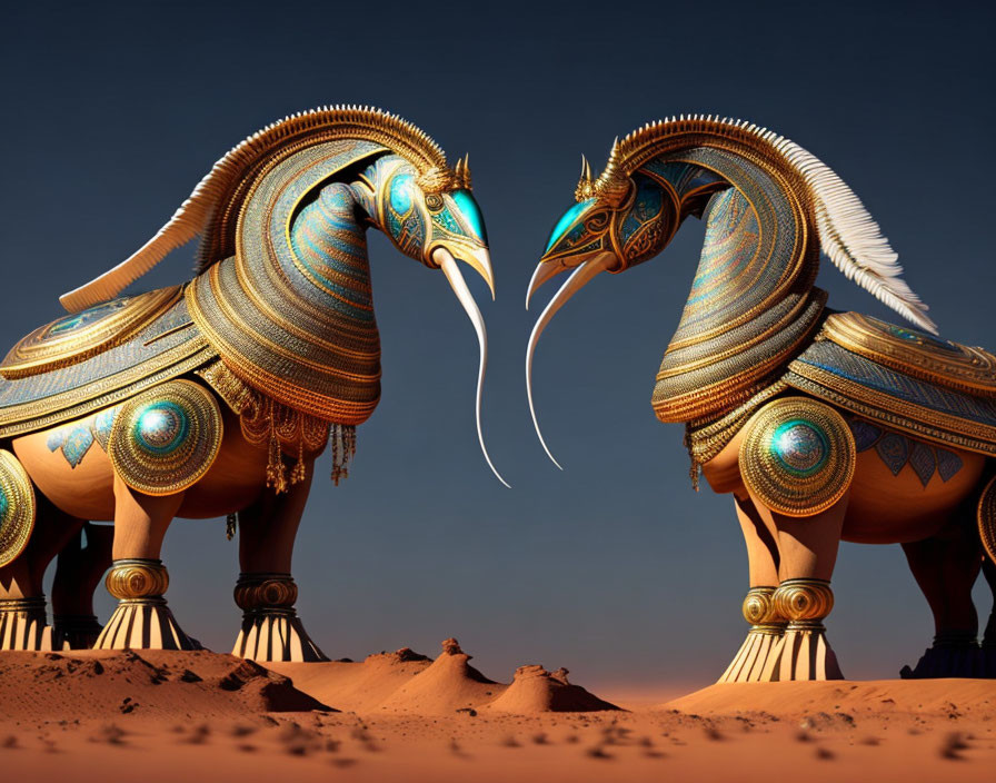 Ornate elephant sculptures in desert setting