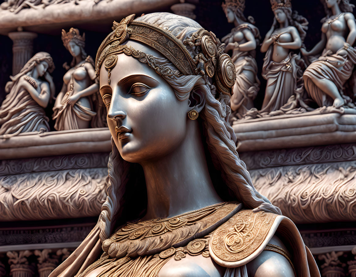 Classical female sculpture in ornate ancient attire with intricate braided hair