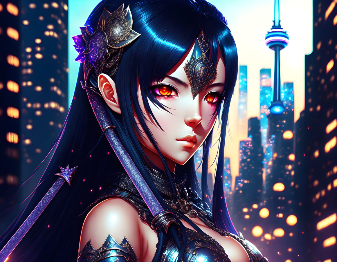 Digital artwork: Female character with blue hair and red eyes in intricate armor, against futuristic cityscape at