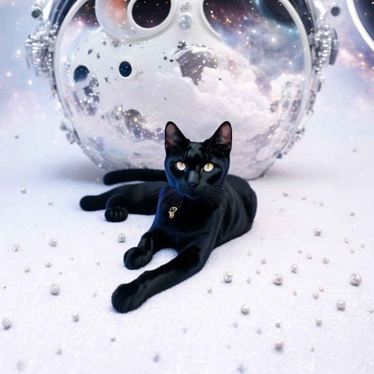 Black Cat with Gleaming Eyes Next to Cosmic Helmet and White Spheres on Textured Surface