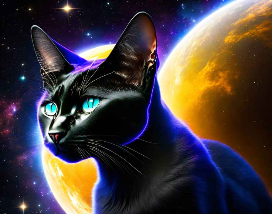 Digital artwork of glossy black cat with blue eyes on cosmic background