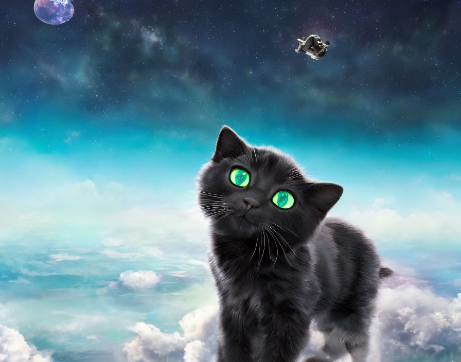 Black cat with green eyes in space-themed setting.