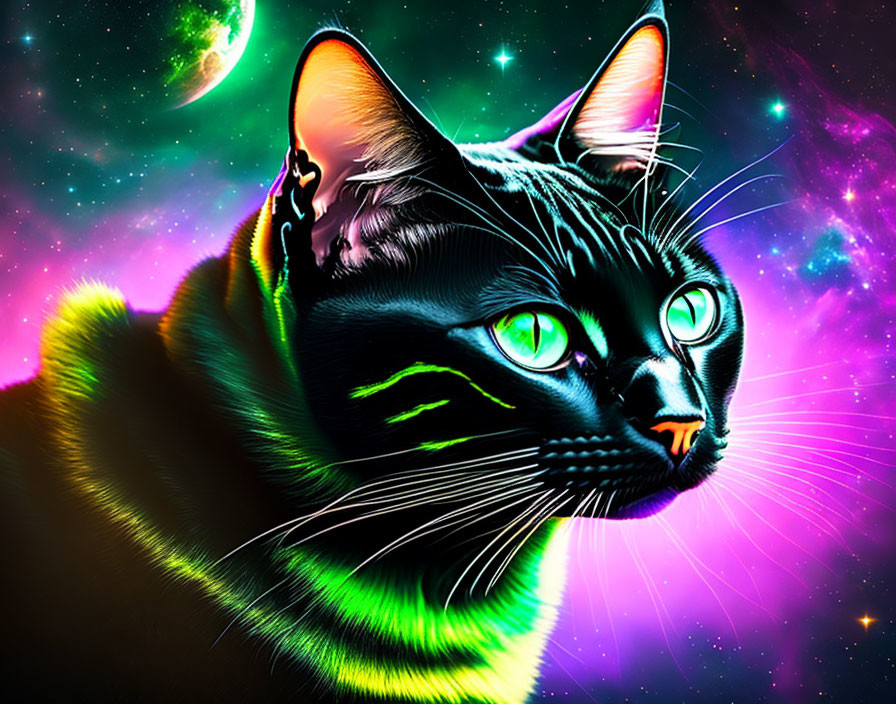 Colorful Cosmic Artwork: Black Cat with Green Eyes, Stars, Moon