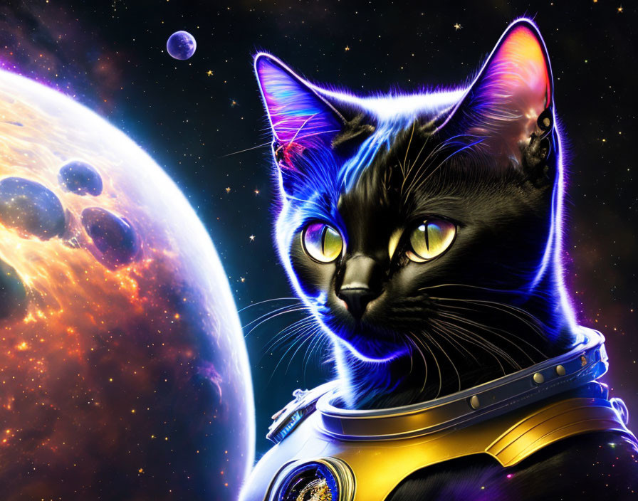 Black Cat in Space Suit Among Stars and Planets