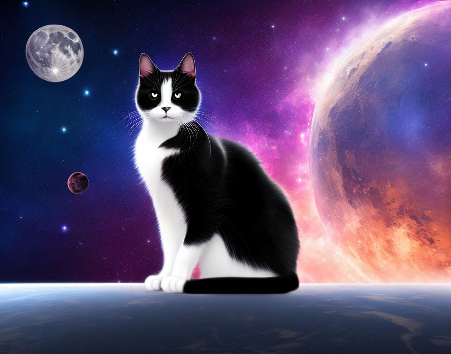 Black and white cat against cosmic backdrop with moon and stars