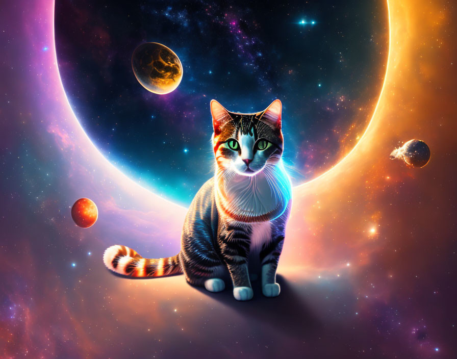 Striking green-eyed cat against cosmic background