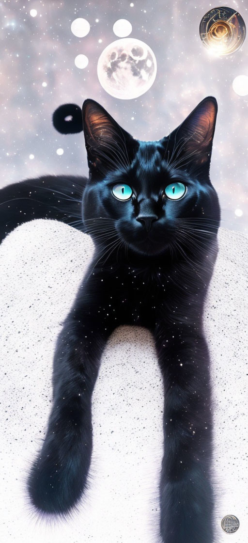 Black cat with blue eyes on cosmic background with stars and moon