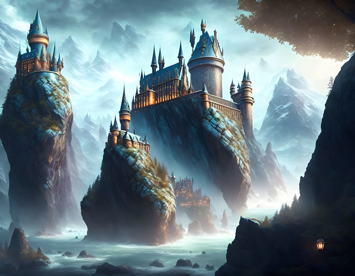 Majestic fantasy castle on rugged cliffs under twilight sky