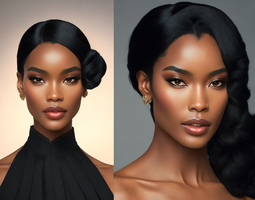 Portrait of a woman with elegant hairstyles: sleek bun and flowing waves