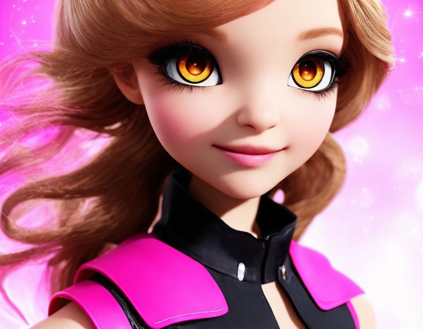 Doll with Large Eyes and Brown Hair in Black and Pink Outfit