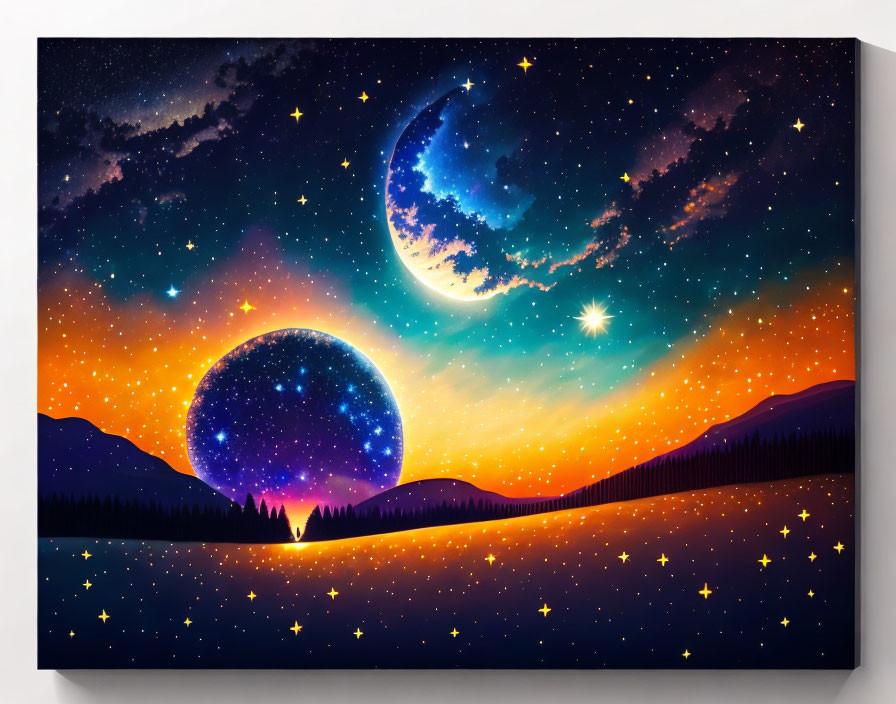 Surreal nighttime canvas art with moon, stars, and figure