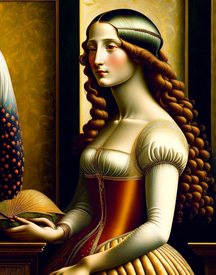 Renaissance painting of woman with long brown hair and fan