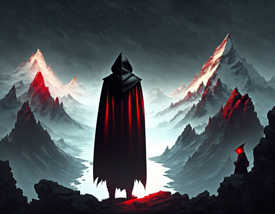 Cloaked Figure and Red-Lit Mountains Under Starry Sky