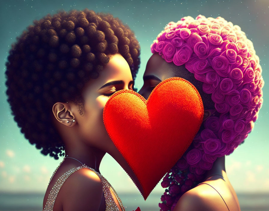 Stylized characters sharing intimate moment with red heart on bokeh background