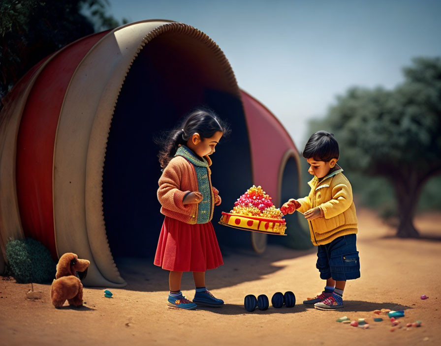 Children playing outdoors near red tunnel with toys and teddy bear