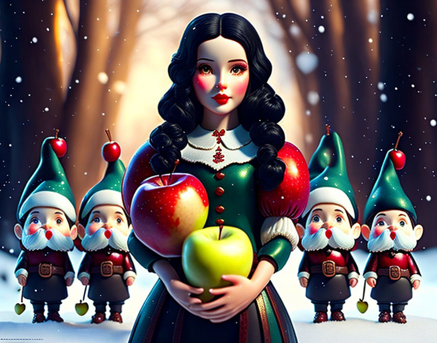 Illustration of Snow White with apple and seven dwarfs in snowy forest