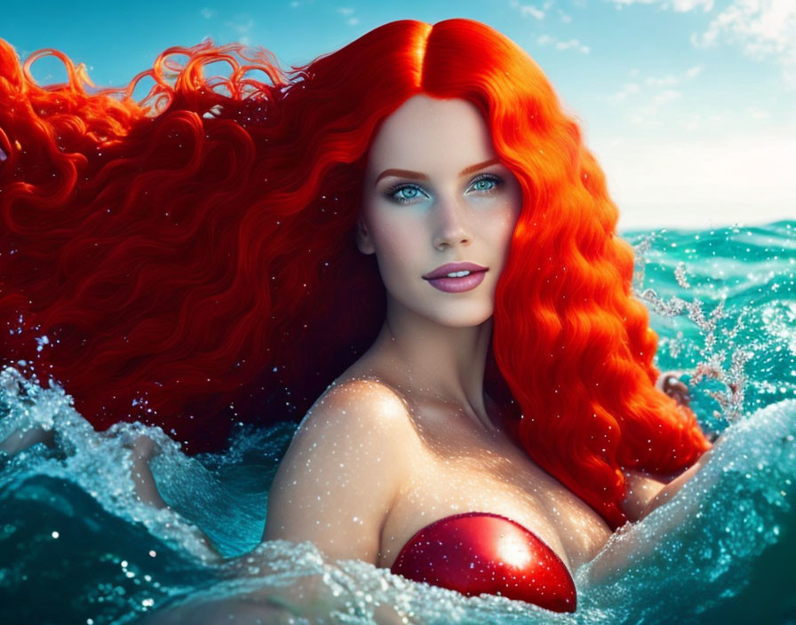 Colorful red-haired woman emerging from ocean waves in vibrant fantasy image