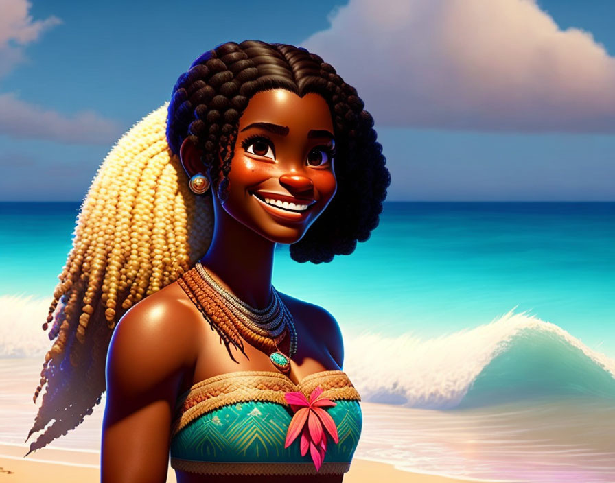 Dark-skinned female character with ombre braided hair on beach with clear skies.